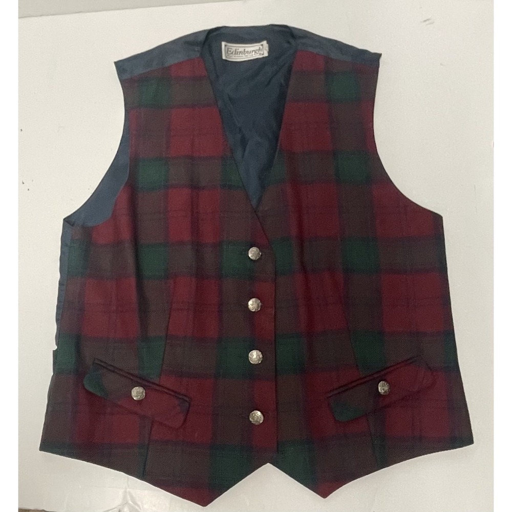 Vintage 90's Edinburgh Women's Vest 100% Pure New Wool Plaid Tie Waist‎ Size 12